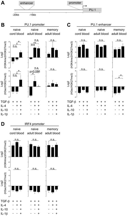 Figure 4. Changes in histone modifications in the PU.1 gene locus and IRF4 promoter in response to Th9-inducing conditions. (A) Schematic diagram of the enhancer region of the PU.1 gene located 17 kb upstream of the PU.1 transcription start site. (B-D) Naive cord blood CD4 T cells or adult naive and memory CD4 T cells were stimulated with anti-CD3/28 in the presence of the indicated cytokines. After fixation and DNA shedding, DNA fragments were immunoprecipitated with anti-H3K4me3, anti-H3ac, or anti-H3K27me3 Abs. Eluted DNA was analyzed by quantitative PCR using primers spanning the promoter region of PU.1 (B), the PU.1 upstream enhancer region (C), and the promoter region of IRF4 (D). The mean ± SEM of at least 3 independent experiments with cells from different donors is shown. *P < .05; **P < .01; ***P < .001 by Student t test.