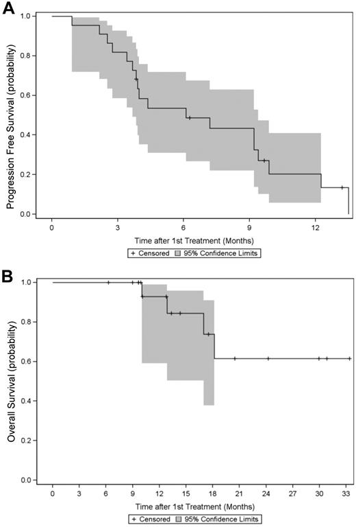 Figure 1. Progression free survival and overall survival. Kaplan-Meier estimates (in months) with 95% CI of (A) PFS and (B) OS in 25 patients treated with BLD for relapsed MM.