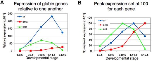Figure 4. Maturational globin gene switching in developing primitive erythroid cells. “Maturational” globin gene switching40 refers to sequential changes in expression from βh1- to εY- (both embryonic) to adult βmaj- (β1) globin within the primitive erythroid lineage during its differentiation. (A) Relative expression is shown for the 3 β-like globin genes. εY-globin remains the predominant transcript throughout EryP development; even at late times, βmaj-globin expression remains low. (B) The data are presented in a normalized form, with peak expression set at 100 for each gene, to emphasize their sequential expression within maturing EryP from E8.5 to E12.5 (J.I., Z. He, M.H.B., unpublished data, February 2009).