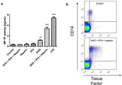 Figure 2. The HIT Ab complex induces release of TF+ MPs from PBMCs. PBMCs were incubated for 6 hours at 37°C under the same experimental conditions as outlined under Figure 1B. (A) MPs were isolated from the cell supernatant fluid, and MP TF activity was measured with a 2-stage chromogenic assay. (B) The number of TF+ MPs was determined with flow cytometry–based detection of TF+/CD14+ events. The top plot shows the number of MPs from PBMCs incubated with media alone (control), and the bottom plot shows the number of MPs from PBMCs incubated with the HIT Ab complex. Increases were seen in the number of TF+/CD14+ MPs and the MFI of TF (later not shown). Results are from 5 independent experiments. ***P < .001 and **P < .01 compared with control.