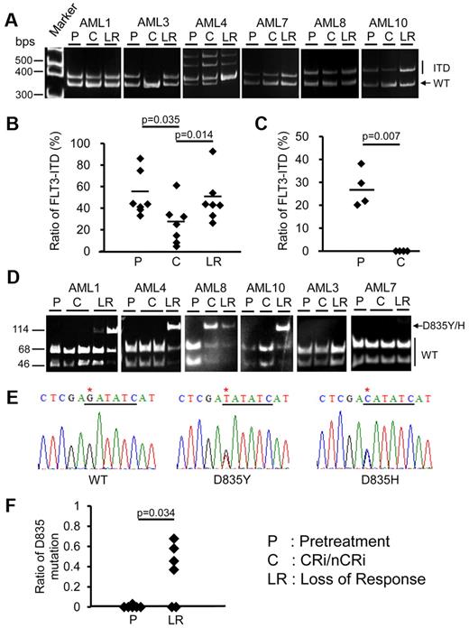 Figure 2. Prospective analyses of FLT3-ITD and FLT3-D835 mutant clones at different stages of diseases in 6 patients treated with sorafenib. (A) Amplification of FLT3-ITD by PCR. The 329 bp band corresponded to wild-type (WT) FLT3 and the 344-416 bp bands corresponded to ITD. The DNA sequences of these bands were all confirmed by sequencing (supplemental Figure 2). AML3 relapsed after HSCT and achieved 100% donor chimerism after sorafenib treatment, so that the ITD clone was undetectable at CRi. (B) ITD allelic burden after sorafenib treatment persisted but decreased at CRi/nCRi, but resurged when the response was lost. (C) In 4 patients with FLT3-ITD+ AML treated outside this study, chemotherapy reduced the ITD clone to below the detection limit at CR. (D) In 6 sorafenib-treated patients, allele-specific EcoRV digestion showed that the D835 mutation (indicated by arrow) was not detectable before treatment. When the response was lost, however, the D835 mutation emerged in 4 patients (AML1, AML4, AML8, and AML10). In AML8, the mutation was detectable even at CRi. (E) DNA sequencing demonstrated the D835Y mutation in AML1, AML4 and AML10, and D835H mutation in AML8. The EcoRV cut site was underlined in black and point mutation site (G→T/C mutation) was indicated by an asterisk. (F) Quantitative analysis showed that the TKD D835Y/H mutation had emerged when the response to sorafenib was lost.