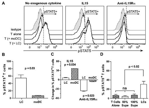 Figure 3. CD34+ HPC-derived LCs provide a more potent costimulatory cytokine environment through endogenous IL-15 for CTL activation than do moDCs. (A) Cytokine-generated CD34+ HPC-derived LCs or moDCs were pulsed with fluMP and recultured with purified autologous T cells already primed against fluMP (responder/stimulator ratio = 10:1). Cytokine or receptor blocking conditions are shown above each panel. Stimulation was stopped after 30 minutes at 37°C, and the proportion of T cells that had phosphorylated STAT5 was measured by flow cytometry. One representative experiment of 3 is shown. (B) Using the gating for pSTAT5 in panel A, the means from 3 independent experiments ± SEM are shown after stimulation by LCs or moDCs alone (P = .03; unpaired Student t test). (C) Again, using the pSTAT5 gating in panel A, the change in percentage of pSTAT5+ fluMP-reactive T cells, stimulated by either LCs or moDCs in the presence of IL-15 or anti–IL-15R-α, relative to stimulation by LCs or moDCs alone, is shown (n = 3 independent experiments each, mean ± SEM, P = .034 for the supplemental IL-15 condition, and P = .023 for the anti–IL-15R-α condition, comparing LCs vs moDCs by the unpaired Student t test). (D) The mean percentage ± SEM of antigen-nonspecific, rested conA T lymphoblasts that expressed pSTAT5 after restimulation by autologous LCs (n = 4 independent experiments) or 50% or 100% volume/volume LC-free supernatants (n = 5 independent experiments) was determined by cytofluororaphy using the same gating strategy as in panel A. The paired t test yielded P < .02 for the intact LC stimulation versus either concentration of LC-free supernatants, which were not significantly different from the negative control, T cells alone. ns indicates not significant.