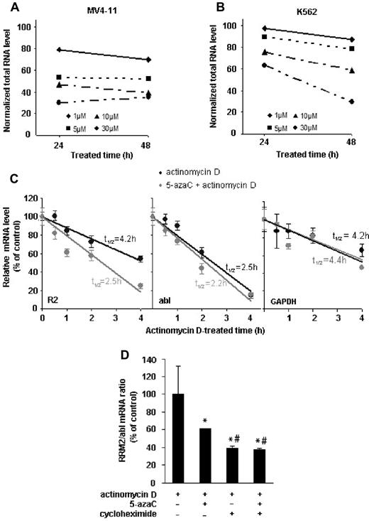 Figure 5. 5-azaC reduces the stability of total RNA and RRM2 mRNA. (A-B) 5-azaC causes a dose- and time-dependent decline in the total RNA level in MV4-11 (A) and K562 cells (B). (C) 5-azaC shortens the half-life (t1/2) of RRM2 but not abl or GAPDH mRNA. MV4-11 cells were treated with 1μM actinomycin D to block the de novo transcription in the presence or absence of 5-azaC. mRNA levels of RRM2 and 2 internal controls, abl and GAPDH, were measured by quantitative RT-PCR at the indicated time points after actinomycin D treatment. The data are presented as a percentage of the mRNA level measured at time 0 (without actinomycin D). mRNA half-lives were calculated and are indicated in the plots. (D) Blockade of protein synthesis facilitates 5-azaC–induced destabilization of RRM2 mRNA. MV4-11 cells were pretreated with cycloheximide to block protein synthesis, followed by treatment with 5-azaC and actinomycin D. Normalized mRNA levels are presented as the percentage of actinomycin D only, and are shown as means ± SD from triplicate experiments. *P < .05 compared with actinomycin D only; #P < .05 compared with treatment of both 5-azaC and actinomycin D.