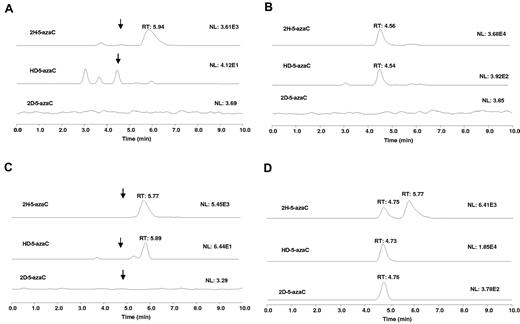 Figure 6. 5-azaC incorporates into RNA. Extracted ion chromatograms for: (A) RNA hydrolysate from a blank cell sample treated with NaBH4 (scale is enhanced). Arrows show the approximate locations of the ion peaks. (B) RNA hydrolysate from 5-azaC–treated cell sample followed by treatment with NaBH4. (C) RNA hydrolysate from blank cell sample treated with NaBD4 (scale is enhanced). Arrows show the approximate location of the ion peaks. (D) RNA hydrolysate from a 5-azaC–treated cell sample followed by treatment with NaBD4. To simplify the figure, the 5-azaC channel is not shown.