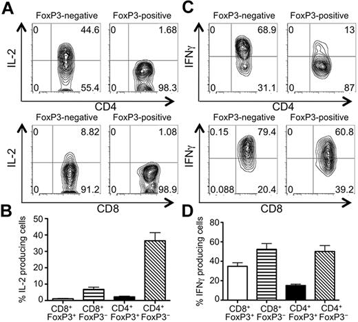 Figure 4. FoxP3+ CD4+ and CD8+ T cells produce IFNγ but not IL-2 after restimulation in vitro. Irradiated CD45.2+ B6D2F1 mice (H-2bxd) were injected with splenocytes and T cell–depleted BM from CD45.1+ FoxP3.GFP mice (H-2b). On day 8 after transplantation, splenocytes were stimulated with PMA/ionomycin in the presence of BFA for 6 hours. The expression of IL-2 (A-B) and IFNγ (C-D) by CD45.1+ CD4+ (top panels) and CD8+ (bottom panels) FoxP3− and FoxP3+ T cells were analyzed by flow cytometry. One representative contour plot of 3-4 independent experiments and compiled data of all experiments represented as mean ± SEM of n = 15-18 mice are shown.