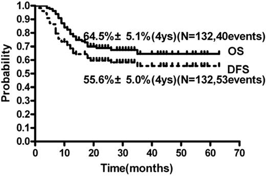 Figure 3. OS and DFS of all 132 patients with intermediate- and high-risk AML in CR1.