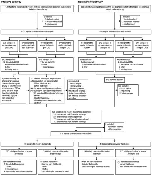 Figure 1. Trial profile. *Patients were included in the safety population. †Two patients on ZOL received a conditioning regimen other than high-dose melphalan and underwent subsequent ASCT. ‡One patient in the nonintensive pathway who was excluded because no consent was received was then included in the randomization to receive maintenance treatment. Some of the 23 patients in the intensive pathway who did not start CVAD or CTD did receive high-dose melphalan plus ASCT, but none was included in the randomization to receive maintenance treatment. None of the 12 patients in the nonintensive pathway who did not start MP or CTDa was included in the randomization to receive maintenance treatment. BD indicates bortezomib and dexamethasone; CVAD, cyclophosphamide, vincristine, doxorubicin, and dexamethasone; CTD, cyclophosphamide, thalidomide, and dexamethasone; CTDa, attenuated CTD; and MP, melphalan and prednisolone. Reprinted from The Lancet, 376, Morgan GJ, Davies FE, Gregory WM, et al, First-line treatment with zoledronic acid as compared with clodronic acid in multiple myeloma (MRC Myeloma IX): a randomised controlled trial, 1989-1999, copyright 2010, with permission from Elsevier.11