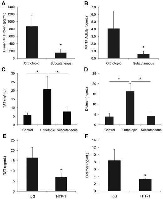 Figure 3. Comparison of the levels of TF in the plasma and activation of coagulation in mice containing orthotopic and subcutaneous HPAF-II tumors. HPAF-II cells were injected into the pancreas (n = 7) or the right flank (n = 6) of nude mice and tumors were grown for 6-8 weeks. Blood was drawn from the IVC and plasma was prepared. Plasma levels of human TF protein (A), MP TF activity (B), TAT (C), and D-dimer (D) were measured and results are shown as means ± SD. Orthotopic HPAF-II pancreatic tumors were grown in nude mice for 8 weeks. Tumor-bearing mice were injected intraperitoneally twice with HTF-1 (n = 4) or mouse IgG (n = 4). Mice were euthanized after 24 hours and blood was collected from the IVC and plasma was prepared. Plasma levels of TAT (E) and D-dimer (F) were measured and are shown as means ± SD. *P < .05.