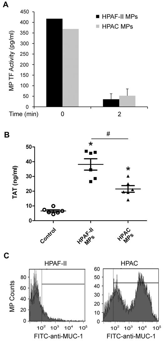 Figure 5. Analysis of MPs from HPAF-II and HPAC cells. (A) Nude mice were injected intravenously with 100 μL of HPAF-II MPs (1 ng of TF activity) or HPAC MPs (1 ng of TF activity), blood was collected immediately (n = 2) or after 2 minutes (n = 3), and human TF activity in isolated MPs was determined. (B) Nude mice were injected intravenously with 100 μL of PBS (n = 6), HPAF-II MPs (1 ng of TF activity, n = 6), or HPAC MPs (1 ng of TF activity, n = 6), and blood was collected 15 minutes later. Plasma TAT levels were measured and results are shown as dot plots with means ± SEM. *P < .05. (C) MUC-1 expression on MPs from HPAF-II and HPAC cells. MPs in serum-free culture medium from HPAF-II and HPAC cells were incubated with FITC labeled anti–human MUC-1 Ab or FITC-labeled isotype control. Stained MPs were analyzed with an LSRII flow cytometer. Results are shown as histograms of the log fluorescence intensity.