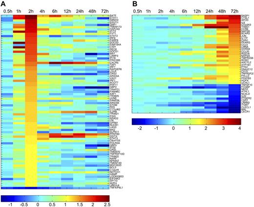 Figure 3. Dynamic regulation of the genes in cord blood CD4+ cells during Th17 differentiation. (A) Heatmap presentation of the expression kinetics of the differentially expressed genes between Th17 and Th0 control cells at 2 hours. The genes with signal log ratio > 1 or < −1 are presented. (B) Heatmap presentation of the expression kinetics of the differentially expressed genes at 72 hours. Signal log ratio > 1.5 or < −1.5 was used as cutoff. Gene up-regulation in Th17 culturing condition is shown with red, and down-regulation with blue as indicated with the scales below the heatmaps.