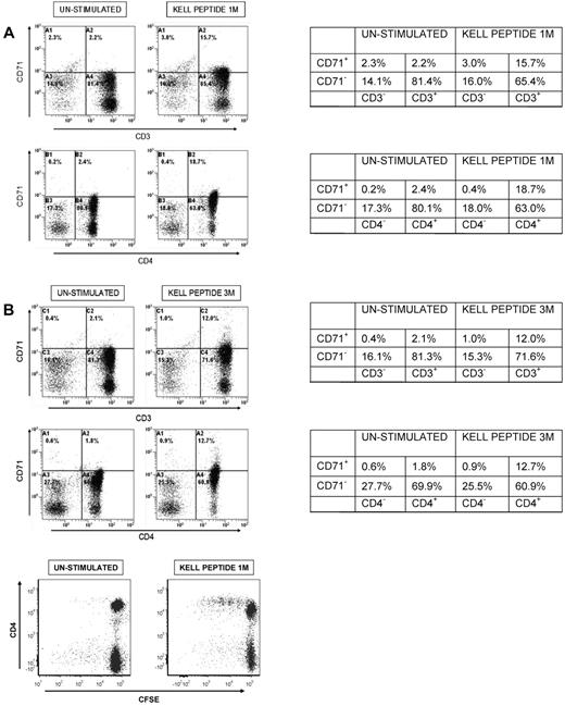 Figure 3. Proliferation of PBMCs from alloimmunized and unimmunized donors in response to K peptides is mediated by cells with the CD3+CD4+ Th phenotype. Flow cytometric analyses of PBMCs from (A) alloimmunized donor 5 or (B) control donor 4 left unstimulated, or stimulated with K peptides 1M(179-193) or 3M(181-195) and stained for expression of CD3, CD4, and the activation marker CD71. Tables next to each pair of plots indicate the percentage of cells in quadrants. The results are representative of 5 alloimmunized and 3 control donors. In all cases, > 90% of the increase in the CD71+ activated population after peptide stimulation is accounted for by cells that are CD3+ and CD4+. (C) Flow cytometric analyses of CFSE-stained PBMC from control donor 5 left unstimulated, or stimulated with K peptide 1M(179-193) and stained for expression of CD4.