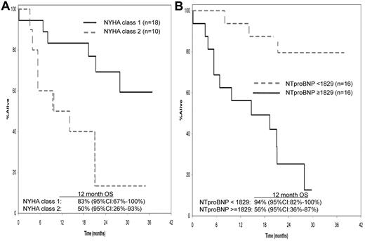 Figure 2. Factors influencing overall survival. NYHA class (A) and NT-proBNP measurement (B) predictors for OS.