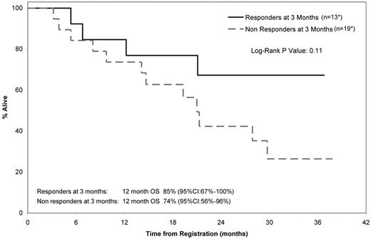 Figure 3. Landmark analysis (at 3 months from study entry) of OS between responders and nonresponders. *One patient died before 3 months and was therefore excluded; 3 patients responded after the 3-month cutoff, confirmed in cycles 7, 13, and 20.