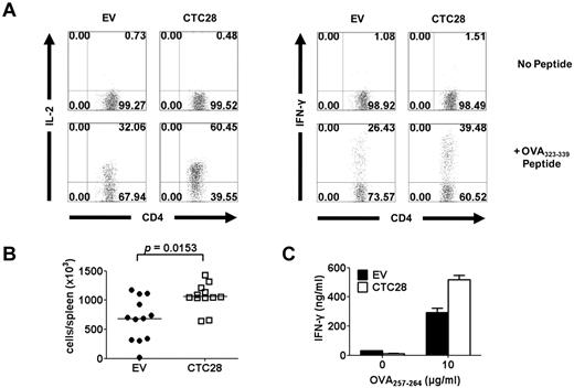 Figure 6. Adoptively transferred gene-modified CD4 and CD8 T cells retain enhanced reactivity to the antigens. Thy1.1-positive congenic B6 mice were subcutaneously injected with E.G7 cells (2 × 106). Seven days later, Thy1.2-positive retrovirus-transduced OT-I (1 × 107) and OT-II T cells (2 × 106) were adoptively transferred to tumor-bearing mice. After 3 days, splenocytes were isolated for the analysis. (A) Splenocytes were stimulated with OVA323-339 peptides (10 μg/mL) for 2 hours and further stimulated for additional 4 hours in the presence of GolgiStop solution. After fixation and permeabilization of the cells, CD4 and intracellular IL-2 or INF-γ were stained with antibodies. Representative flow cytometry profiles of GFP-positive cells from 4 separate experiments are shown. (B) Absolute numbers of retrovirus-transduced OT-II T cells (Thy1.2+CD4+) in the spleen were calculated from the flow cytometry analysis and live cell counting. Data were from 4 independent experiments using 3 mice per group. P values, Student t test. (C) CD8 T cells were purified using anti-CD8 microbeads. The defined number (2 × 104) of OT-I T cells (Thy1.2+CD8+) was stimulated with OVA257-264 in the presence of irradiated splenocytes for 48 hours. IFN-γ production was measured by ELISA.
