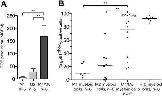 Figure 1. FAB-M4 and -M5 AML cells produce ROS and express the NADPH oxidase subunit gp91phox. (A) Nonerythroid BM cells recovered at diagnosis from untreated patients with FAB-M1 AML, FAB-M2 AML, or FAB-M4/M5-AML (patients 11-26) were stimulated with PMA (5 × 10−8M) and assayed for ROS production. Bars represent extracellular ROS ± SEM. (B) Myeloid cells in BM or peripheral blood cells from newly diagnosed, untreated AML patients were analyzed by FACS for expression of the NADPH oxidase subunit gp91phox. The data points represent the percentage of CD33+ and/or CD34+ cells expressing gp91phox, with medians indicated. Among FAB-M4/M5 cells, M5 indicates FAB-M5 cells. H.D represents gp91phox expression by peripheral blood monocytes from healthy donors.