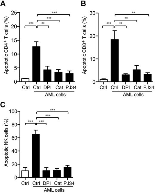 Figure 5. Leukemic cells trigger PARP-1–dependent T-cell and NK-cells apoptosis. Bars show the percentage of apoptosis ± SEM. (A) CD4+ T cells (n = 3), (B) CD8+ T cells (n = 3), and (C) NK cells (n = 5) after overnight incubation with FACS-sorted mature malignant FAB-M4/M5 AML cells in the presence or absence of the NADPH oxidase inhibitor DPI (3μM), catalase (200 U/mL), or the PARP-1 inhibitor PJ34 (0.5μM). For T cells, the AML to T-cell ratio was 1:1, whereas the lowest AML to NK-cell ratio to reach 50% NK-cell apoptosis is presented (range, 1:8-1:2).