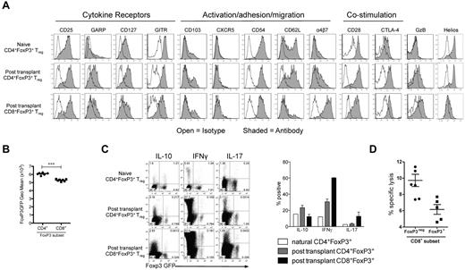 Figure 2. CD8+FoxP3+ Treg display a distinct phenotype compared with CD4+FoxP3+ Treg. B6D2F1 recipients were lethally irradiated and transplanted with BM and T cells from B6.FoxP3-GFP donors 24 hours later. (A) At day 5 after transplantation, phenotyping was performed in the spleen and mLN. Representative plots from 2 experiments are shown from the spleen. (B) At day 5 after transplantation, B6.FoxP3-GFP mean fluorescence intensity was assessed. ***P < .001. Displayed results are from 6 mice, and similar results were confirmed at day 7 and day 12. (C) At day 7, spleens were removed and analyzed for expression of IL-10, IFN-γ, and IL-17 after phorbol myristate acetate and ionomycin stimulation. Concatenated plots from 2 replicate experiments are shown with quadrant statistics representing mean. Graph represents percentage of FoxP3 cells expressing the cytokine indicated. (D) Cytolytic activity of donor B6 FoxP3− and CD8 FoxP3+ T cells from transplanted B6D2F1 recipients in 51Cr release assays against host-type P815 mastocytoma. Results represent replicate wells from 2 experiments.
