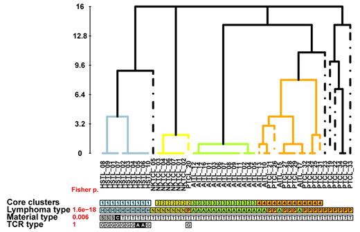 Figure 1. HSTL samples cluster separately to the other T-cell lymphomas irrespective of their αβ or γδ lineage. Unsupervised consensus clustering of GEPs of 9 HSTL, the HSTL cell line, 7 NKTCL, 16 PTCL-NOS, and 17 AITL tumor samples. Core clusters (C1, C2, C3, and C4) are defined as groups of at least 5 samples being co-clustered in at least 8 of the 16 initial partitions (see supplemental Methods). Fisher exact test P values for the association between the core clusters C1/C2/C3/C4 and the sample's annotations (lymphoma type, material type, and TCR type) are shown in red. Lymphoma types: H indicates HSTL; N, NKTCL; A, AITL; and P, PCTL-NOS. Material types: C indicates cell line; S, sorted tumor cells; and T, tissue sample. TCR types: A indicates α-β; G, γ-δ.
