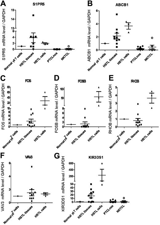 Figure 2. Validation of selected genes by qRT-PCR analysis. qRT-PCR analysis for S1PR5, ABCB1, FOS, FOSB, RHOB, VAV3, and KIR3DS1 in HSTL tissues (n = 10), cells (n = 3), PTCL-NOS (n = 14), and NKTCL (n = 6). The results are expressed as the relative fold change compared with normal γδ T cells sorted from spleen. Values for each sample were normalized to GAPDH. An arbitrary value of 1 was assigned to normal γδ T cells.