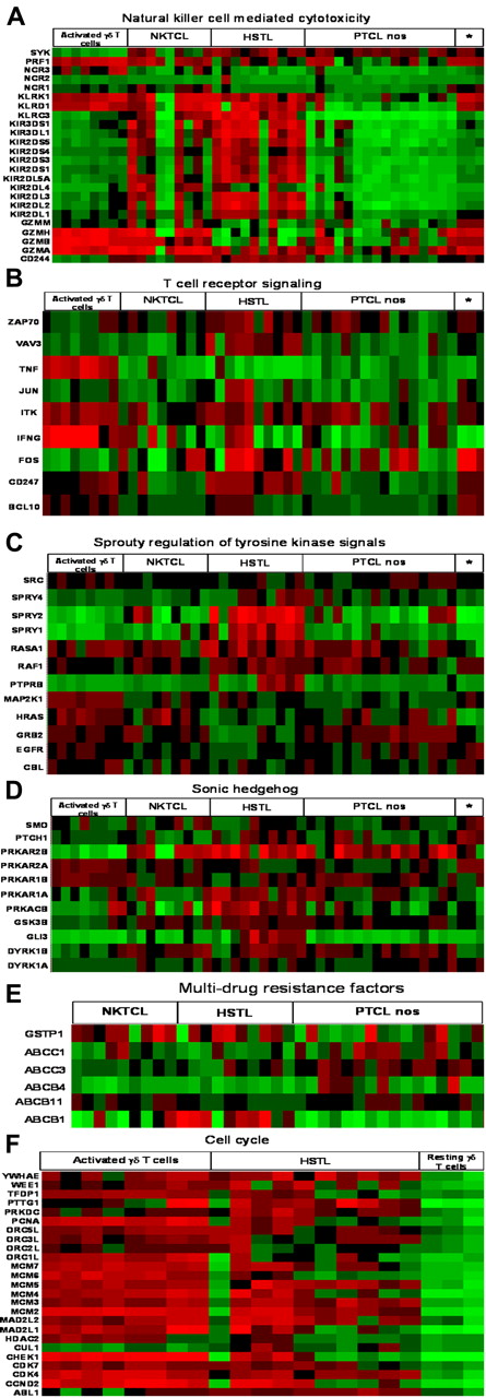 Figure 4. Cellular programs deregulated in HSTL. Asterisks show resting γδ T cells. Representative molecular pathways, among those differentially expressed (as shown by enrichment analysis, see Table 6 and supplemental Table 5) in HSTL by comparison with NKTCL, PTCL-NOS, and normal γδ T cells, are illustrated. (A) NK-cell–mediated cytotoxicity. (B) TCR signaling pathway. (C) Sprouty regulation of the tyrosine kinase signal pathway. (D) Sonic hedgehog pathway. (E) Multidrug resistance factors. (F) Cell cycle. For each line, green corresponds to the minimal intensity value (min), red corresponds to the maximal intensity value (max), and black corresponds to (max − min)/2.