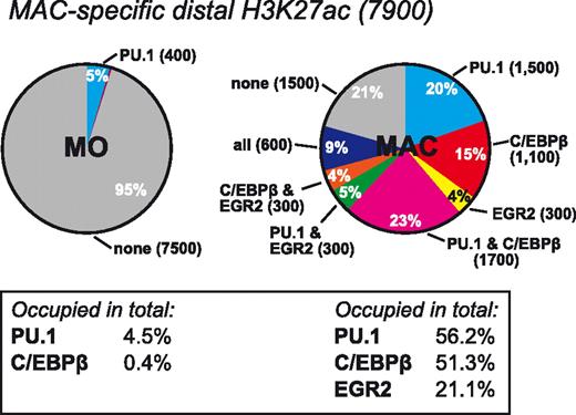Figure 6. Overlap between macrophage-specific enhancer marking and transcription factor binding in monocytes and macrophages. (A) Pie chart depicting the overlap of EGR2, PU.1, and C/EBPβ peaks within 1000 bp of centered macrophage-specific distal H3K27ac ChIP-seq peaks in monocytes (MO, left chart) and macrophage (MAC, right chart). The fraction of peaks bound by each factor in total is given below each chart. Corresponding charts for monocytes and H3K4me1 for both cell types are provided in supplemental Figure 7.