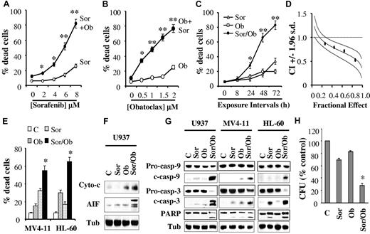 Figure 1. Combined treatment with sorafenib and obatoclax results in a marked induction of cell death in association with profound mitochondrial injury and caspase activation, and diminishes the colony-formation capacity of human leukemia cells. (A) U937 cells were exposed to the designated concentrations of sorafenib alone (○) or in combination with 1.5μM obatoclax (Ob, ●) for 48 hours after which the percentage of apoptotic cells was determined by the 7-AAD staining assay. *Significantly greater than sorafenib alone; P < .05; **P < .01. (B) U937 cells were exposed to the designated concentrations of obatoclax alone (○) or in combination with 7.5μM sorafenib (●), for 48 hours after which cell death was determined as in panel A. *Significantly greater than obatoclax alone; P < .02; **P < .01. (C) Cells were exposed to sorafenib (7.5μM) and obatoclax (1.5μM) alone or in combination for the indicated intervals, after which the percentage of dead cells was determined as above. *Significantly greater than either agent alone; P < .05; **P < .002. (D) Median dose effect analysis of cell death induction by sorafenib and obatoclax. U937 cells were exposed to varying concentrations of obatoclax and sorafenib at a fixed ratio (1:5), for 48 hours after which extent of cell death was monitored with the 7-AAD staining assay. Combination Index (CI) values were determined in relation to the fractional effect using the Calcusyn software program. CI values < 1.0 correspond to a synergistic interaction. (E) MV4-11 and HL-60 cells were exposed to sorafenib (75nM and 7.5μM, respectively) and obatoclax (0.5μM and 2μM, respectively), either individually or in combination for 48 hours, after which the percentage of dead cells was determined by the 7-AAD assay. *Significantly greater than values for either agent alone; P < .02. (F) U937 cells were exposed to sorafenib (7.5μM) and obatoclax (1.5μM) alone or in combination for 24 hours after which mitochondria-free cytosolic fractions were obtained and subjected to Western blot analysis to monitor the release of cytochrome c and AIF into the cytosol. For this and all subsequent Western blot analysis, blots were subsequently reprobed with antitubulin (Tub) Abs to document equivalent loading and transfer, and the blots shown are representative of at least 3 separate experiments. (G) U937, MV4-11 and HL-60 cells were exposed to sorafenib and obatoclax individually or in combination as in panels E and F for 48 hours after which protein lysates were prepared and subjected to Western blot analysis using the designated Abs. (H) U937 cells were plated in methylcellulose in the presence of sorafenib (7.5μM) and obatoclax (75nM) alone or in combination for 10 days after which CFUs were enumerated and expressed as a percentage of untreated cells. *Significantly less than values for either agent alone; P < .02. For panels A, B, C, E, and H, values represent the means ± SD for 3 separate experiments in which each sample was analyzed in triplicate.