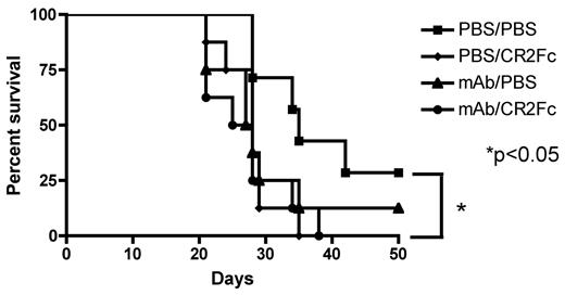 Figure 4. mAb and CR2Fc treatment is not protective in FcγR-deficient mice. Survival of FcγR-deficient mice challenged with EL4 and treated with 14G2a alone or in combination with CR2Fc. In the absence of Fcγ-activating receptors, the protective effect of mAb and CR2Fc treatment is ablated in EL4-challenged mice; n = 7 or 8.