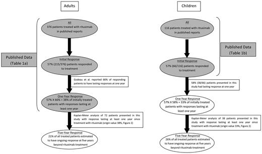 Figure 1. Long-term response rates in adults and children treated with rituximab: estimates incorporating published reports and data from this report. Shaded ovals represent data derived from published reports (Table 1). Open ovals represent data presented in this report.