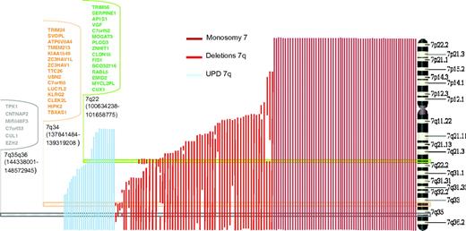 Figure 5. Identification of candidate genes on 7q by mapping CDRs by SNP-A. Three distinct CDRs, indicated by horizontal rectangles, were identified on 7q by mapping of SNP-A karyotyping. The connected keys show the candidate genes contained in each CDR; those genes sequenced in a test cohort of 50 patients with LOH 7q are in bold. CDR indicates commonly deleted region; SNP-A, single nucleotide polymorphism array; and LOH, loss of heterozygosity.
