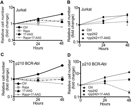 Figure 5. mTOR inhibitors synergize with 17-AAG to promote leukemia cell death. (A) Jurkat cells were treated with vehicle (Ctrl), 100nM rapamycin (Rapa), 5μM 17-AAG, or rapamycin (Rapa) plus 17-AAG for 0, 24, or 48 hours. The relative change in the number of viable cells at each time point was determined by a trypan blue exclusion assay. The total number of viable cells at 0 hours was set at 1. The data shown are the average of triplicate samples from 1 of 3 independent experiments. (B) Jurkat cells were treated with vehicle, 400nM pp242 (+pp242), or pp242 plus 5μM 17-AAG for 0, 24, or 48 hours. The relative change in the number of viable cells at each time point was determined by a trypan blue exclusion assay. The total number of viable cells at 0 hours was set at 1. The data shown are the average of duplicate samples from 1 of 2 independent experiments. (C) Wild-type p210 BCR-Abl mouse pre-B leukemia cells were treated with vehicle, 100nM rapamycin (Rapa), 5μM 17-AAG, or rapamycin (Rapa) plus 17-AAG for 0, 24, or 48 hours. The relative change in the number of viable cells at each time point was determined by a trypan blue exclusion assay. The total number of viable cells at 0 hours was set at 1. The data shown are the average of triplicate samples from 1 of 3 independent experiments. (D) Wild-type p210 BCR-Abl pre-B leukemia cells were treated with vehicle, 400nM pp242 (pp242), or pp242 plus 5μM 17-AAG for 0, 24, or 48 hours. The relative change in the number of viable cells at each time point was determined by a trypan blue exclusion assay. The total number of viable cells at 0 hours was set at 1. The data shown are the average of duplicate samples from 1 of 3 independent experiments.