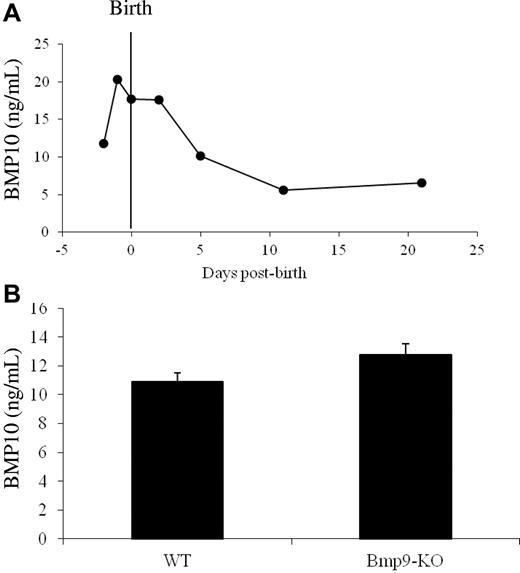 Figure 4. BMP10 expression in WT and Bmp9-KO mice plasma. (A-B) BMP10 levels were measured from pooled diluted plasma (1/20) taken from WT OF1 mice at the indicated developmental stages (A) and from WT (n = 9) and Bmp9-KO (n = 14) P5 pups (B) with a murine BMP10 ELISA. Error bars show SEM.