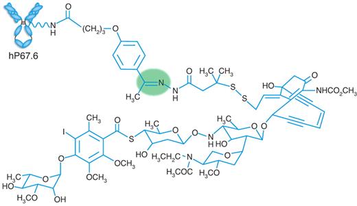Figure 3. Schematic structure of GO. The humanized IgG4 anti–CD33 antibody (hP67.6) contains amino acid sequences that are approximately 98.3% of human origin. Lysine residues on hP67.6 are linked to N-acetyl γ-calicheamicin dimethyl hydrazide via a hybrid 4-(4′-acetylphenoxy)butanoic acid linker. The labile hydrazone bond leading to drug release under acidic conditions, presumably within lysosomes, is shaded in green. GO has approximately 50% of the antibody loaded with 4 to 6 mol of the toxic moiety per mole of antibody; the remaining 50% of antibody is unbound. Reproduced with permission from Macmillan Publishers Ltd.130