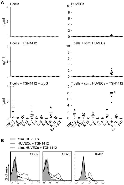 Figure 2. Endothelial cells confer TGN1412-mediated cytokine release and early T-cell activation. (A) Freshly isolated human T cells (1 × 106) per 24-well were left unstimulated, stimulated with 1 μg/mL TGN1412, or 1 μg/mL TGN1412 followed by cross-linking with 2 μg/mL anti-IgG monoclonal antibody (left panel). HUVECs (8 × 104) per 24-well were irradiated and cultured unstimulated for 24 hours. Alternatively, HUVECs were stimulated with 200 U/mL TNF-α + 100 U/mL IFN-γ for 3 days. After washing HUVECs with PBS, 1 × 106 freshly isolated human T cells were added to HUVECs and left unstimulated or stimulated with 1 μg/mL TGN1412 (right panel). Twenty-four hours after the indicated stimulations, cell-free supernatant was collected and analyzed for TNF-α, TNF-β, IFN-γ, IL-1β, IL-2, IL-4, IL-5, IL-6, IL-8, IL-10, and IL-12 p70 by FlowCytomix Th1/Th2 11plex analysis. Data shown are from 5 to 10 independent T-cell donors. #, data points are in the saturation area of the assay. (B) HUVECs (8 × 104) were irradiated and cultured either unstimulated or stimulated with 200 U/mL TNF-α + 100 U/mL IFN-γ for 3 days. After washing HUVECs with PBS, 1 × 106 freshly isolated human T cells were added to HUVECs and stimulated with 1 μg/mL TGN1412. As controls, T cells were cocultivated with cytokine prestimulated HUVECs without TGN1412 (gray-shaded curves). Twenty-four or 48 hours after cocultivation, T cells were harvested and stained with an anti-CD69, anti-CD25 (both after 24 hours) or anti–Ki-67 antibody (after 48 hours). Data shown are representative for 4 or 2 different T-cell donors, respectively.