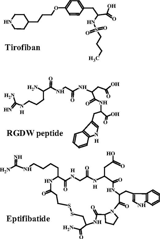 Figure 3. Structures of eptifibatide, tirofiban, and RGDW peptide.