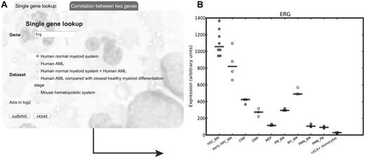 Figure 1. Example of gene query to the HemaExplorer Web server. (A) Web server interface for single gene lookup with gene query, options for dataset and scale of axis. (B) Output plot from the Web server displaying gene expression for the ERG transcription factor in the normal myeloid system. CMP indicates common myeloid progenitor cell; GMP, granulocyte monocyte progenitors; HSC_BM, hematopoietic stem cells from bone marrow; MEP, megakaryocyte-erythroid progenitor cell; MY_BM, myelocyte from bone marrow; PMN_BM, polymorphonuclear cells from bone marrow; PMN_PB, polymorphonuclear cells from peripheral blood; PM_BM, promyelocyte from bone marrow; and early HPC_BM, hematopoietic progenitor cells from bone marrow.