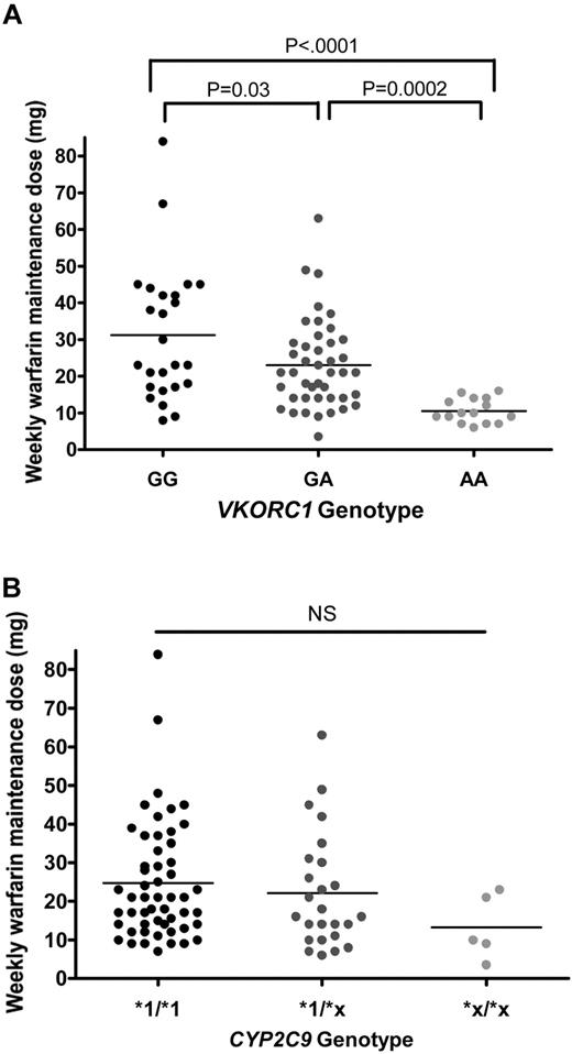 Figure 2. Weekly warfarin dose requirement (mg) by genotype. (A) VKORC1 genotype: GG wild-type homozygotes, GA heterozygotes, and AA homozygotes. (B) CYP2C9 genotype: *1/*1, wild-type homozygotes; *1/*x: CYP2C9*2 or CYP2C9*3 heterozygotes; and *x/*x: CYP2C9*2 or CYP2C9*3 homozygotes or compound heterozygotes. NS indicates nonsignificant