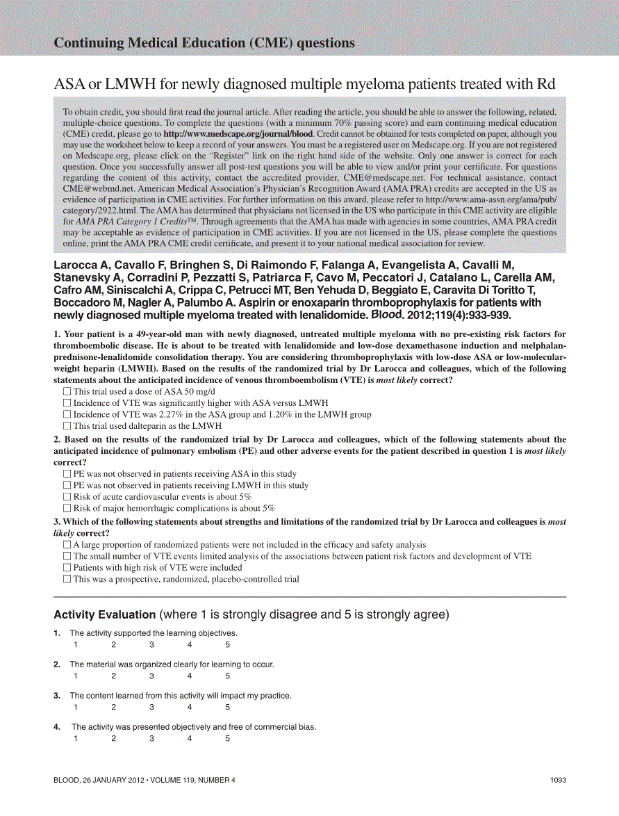 First page of Continuing Medical Education (CME) questions: ASA or LMWH for newly diagnosed multiple myeloma patients treated with Rd