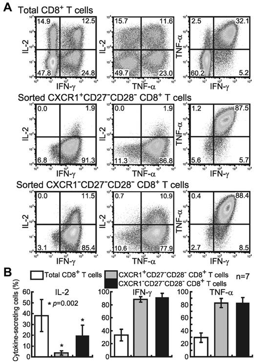 Figure 2. Different expression of 3 cytokines in CXCR1+ and CXCR1− effector subsets of CD8+ T cells. (A) FACS-sorted CXCR1+ and CXCR1− CD27−CD28− CD8+ T cells from healthy subject number U-14 were stimulated for 6 hours with PMA and ionomycin to determine the percentage of each kind of cytokine-producing cell. (B) The mean percentage and SD of each type of PMA and ionomycin-induced cytokine-producing cell in each CD8+ T-cell subset from 7 individuals are shown.