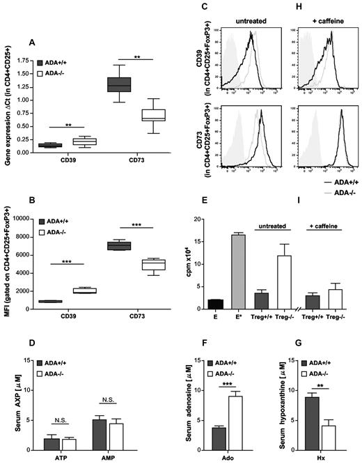 Figure 4. Altered CD39 and CD73 expression and decreased suppressive function of ADA−/− Tregs. (A) TaqMan gene expression analysis for CD39 (ADA+/+: n = 15, ADA−/−: n = 16; **P = .0047) and CD73 (ADA+/+: n = 9, ADA−/−: n = 10. **P = .0045) in purified CD4+CD25+ Tregs; box and whiskers graphs. (B) Summarized MFI of CD39 and CD73 gated on CD4+CD25+FoxP3+ cells from ADA+/+ (n = 5) and ADA−/− (n = 5) mice; box and whiskers graphs. (C) Representative histogram plots for CD39 and CD73 on CD4+CD25+FoxP3+ splenocytes from untreated ADA+/+ and ADA−/− mice. Isotype-identical monoclonal antibodies served as controls (solid gray histogram). (D) AXP levels divided into ATP and AMP illustrate ectonucleotidase activity in serum samples from ADA−/− (n = 7) and age-matched ADA+/+ mice (n = 8) at 3 weeks of age. Data are mean ± SD. *P < .05. (E) Representative suppression assay using ADA+/+ effector cells cocultured with Tregs from untreated ADA+/+ (n = 3) or ADA−/− mice (n = 5). E indicates unstimulated effector cells; and E*, effector cells stimulated with anti-CD3 and anti-CD28. Data are interexperimental mean ± SD. (F) Serum adenosine levels in ADA−/− (n = 7) and age-matched ADA+/+ mice (n = 8) at 3 weeks of age. Data are mean ± SD. ***P < .0005. (G) Serum hypoxanthine levels in ADA−/− (n = 7) and age-matched ADA+/+ mice (n = 8) at 3 weeks of age. Data are mean ± SD. **P < .005. (H) Representative histogram plots for CD39 and CD73 on CD4+CD25+FoxP3+ splenocytes from ADA+/+ and ADA−/− mice treated with 50 mg/kg of caffeine (nonselective Adora antagonist). Isotype-identical monoclonal antibodies served as controls (solid gray histogram). (I) Representative suppression assay using ADA+/+ effector cells cocultured with Tregs from ADA+/+ (n = 4) or ADA−/− mice (n = 6) treated with 50 mg/kg of caffeine. Data are intraexperimental mean ± SD.