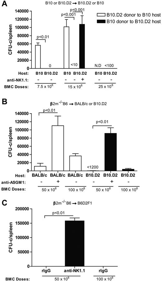 Figure 7. Differential ability of B10, B10.D2, BALB/c, and B6D2F1 recipients to reject allogeneic and β2m−/− BMC. (A) The engraftment of allogeneic BMCs after transfer of 7.5 or 15 million B10.D2 BMCs into B10 recipients or 7.5, 15, or 25 million B10 BMCs into B10.D2 recipients is shown. (B) The engraftment of 50 or 100 million MHC class I deficient BMCs (β2m−/−) in H2d strains (BALB/c and B10.D2) is shown. (C) The engraftment of 50 or 100 million MHC class I-deficient BMC (β2m−/−) after transfer into B6D2F1 (H2bxd) recipients is shown. In all experiments, some groups were treated with anti-NK1.1 (PK136) or anti-ASGM1 to promote engraftment by removing host NK cells 2 days before BMT. Seven days after transplantation, hematopoietic progenitor content of the spleens (total CFU-c per spleen) was assessed (mean ± SEM) to determine engraftment. N.D. indicates not done. One-way ANOVA was performed to determine whether the mean values were significantly different (P < .05). Each experiment was performed 2 or 3 times.