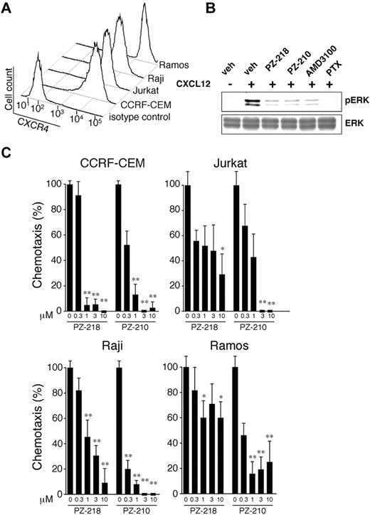 Figure 2. Pepducins targeting the i1 and i3 loop of CXCR4 inhibit CXCL12-mediated chemotaxis of leukemia and lymphoma cells. (A) CXCR4 surface expression on human leukemia (Jurkat and CEM) and lymphoma (Raji and Ramos) cell lines was analyzed by flow cytometry using PE-conjugated CXCR4 Ab. (B) Inhibition of CXCR4-ERK activation by i1- and i3-derived CXCR4 pepducins. Lysates from Jurkat cells untreated (veh) or treated as indicated before CXCL12 stimulation were immunoblotted with anti–phospho-ERK or total ERK. (C) Human leukemia and lymphoma cells were treated with 0.3-10μM PZ-218 or PZ-210 and chemotaxis to 30nM CXCL12 was determined by microscopically measuring the distance migrated by cells through a cellulose nitrate filter. Chemotaxis of vehicle-treated cells to CXCL12 was set at 100%, and random chemotaxis (chemotaxis of cells in the absence of CXCL12) was set at 0%. Data are presented as the means ± SEM of triplicate experiments with n = 3 for each experiment. *P < .05 and **P < .01 compared with vehicle-treated controls.