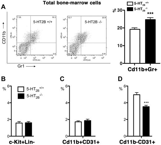 Figure 2. Alterations of BM composition in 5-HT2BR mutant mice. (A) In BM of 5-HT2B−/− mice, the number of CD11b+/Gr+ cells, corresponding to committed precursor cells of the monocyte/granulocyte lineage, was significantly increased as shown by the distribution of cells by FACS (left, representative experiment) and quantification in percent of total cells (right, n = 3). No modifications of the c-kit+Lin− cells, multipotent stem cells (B) or Cd11b+CD31+ cells (C) was observed in BM of 5-HT2B−/− mice. However, BM of 5-HT2B−/− mice present a significant reduction of CD11b−/CD31+, immature committed endothelial/SMC precursor cells (D). Values are means ± SEM, n = 3 independent determinations. Any statistical difference by unpaired t test versus control is indicated by ***P < .001.