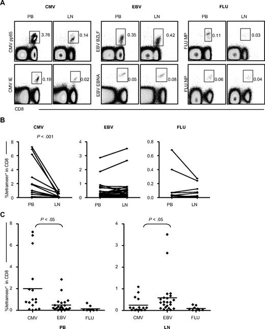 Figure 2. Percentages of CMV-, EBV-, and FLU-specific CD8+ T cells in the PB and LNs. (A) CMV-, EBV-, and FLU-specific CD8+ T cells in the PB compared with the LNs. The dot plots are gated on CD3+ lymphocytes. For each virus, representative plots of 2 different viral epitopes are demonstrated: CMV pp65-epitope and IE-epitope, EBV BZLF-epitope and EBNA epitope, and FLU matrix protein (MP) epitope and nucleoprotein (NP) epitope. PB and LNs are paired samples and all data are derived from 1 patient. (B) Comparison of the percentages of PB- and LN-derived CMV-, EBV-, and FLU-specific cells within total CD8+ T cells. Paired samples were analyzed using the Wilcoxon signed-rank statistical test. (C) Comparison of the mutual proportion of CMV-, EBV-, and FLU-specific cells within the PB and LNs. Statistical analysis was done by the Mann-Whitney U test.