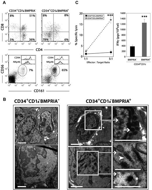 Figure 2. Human CD34+CD1a−BMPRIA+ thymic precursors generate functional NK cells. Chimeric human-mouse FTOCs were performed with sorted human thymic CD34+CD1a−BMPRIA− or CD34+CD1a−BMPRIA+ cells and cultured for 9 days. (A) Cells recovered from hybrid FTOCs were labeled with anti–human CD45, anti-CD3, anti-CD4, and anti-CD8 or anti–human CD45, anti-CD3, and anti-CD56 combined with anti-CD161, anti-CD94, or anti-NKp46 mAbs. Dot plots show the expression of CD4/CD8 and CD56/CD161 on gated human CD45+ cells from hybrid FTOCs. Histograms show the expression of CD94 and NKp46 in human CD3−CD56+ cells. Data are representative of 4 independent experiments wherein a pool of at least 3 thymic lobes per experiment was analyzed. In the experiment shown, human cell recoveries were 4 × 104 and 1.4 × 104 for FTOCs reconstituted with CD34+CD1a−BMPRIA− or CD34+CD1a−BMPRIA+ cells, respectively. (B) Large numbers of NK cells develop in hybrid FTOCs reconstituted with CD34+CD1a−BMPRIA+ cell precursors. NK cells appear as round elements showing numerous electron-dense granules in the cytoplasm arranged close to the nucleus (arrow). Immature NK cells exhibit a well-developed Golgi complex (arrowhead) and moderately electron-dense secretory vesicles (asterisk). In contrast, thymocytes predominate in hybrid FTOCs reconstituted with CD34+CD1a−BMPRIA− cell precursors. Scale bars represent 2 μm. (C) Equal numbers of total human cells were used to assay the cytolytic capacity and IFN-γ production by NK cells generated in hybrid FTOCs reconstituted with CD34+CD1a−BMPRIA+ or CD34+CD1a−BMPRIA− precursors. The data represent the mean ± SD from 3 to 5 independent experiments (***P ≤ .001 by t test).