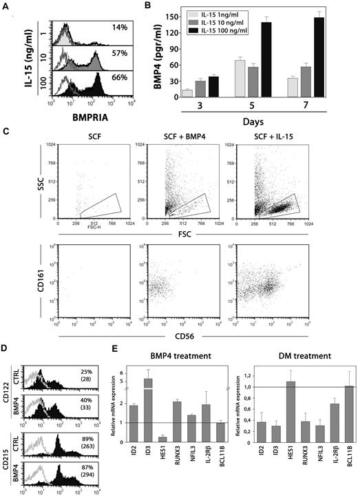 Figure 5. Interplay between BMP4 and IL-15 in NK cell differentiation. (A) BMPRIA expression on NK cells generated after culturing CD34+CD1a−BMPRIA− cells for 7 days in the presence of SCF and different doses of IL-15. (B) The levels of BMP4 were determined in the supernatants of those cultures after 3, 5, and 7 days. Results are the mean ± SD of 2 independent experiments. (C) Dot plots show forward scatter (FSC) and side scatter (SSC) properties and CD161 and CD56 expression on cells derived from cultures supplemented with SCF alone (100 ng/mL), SCF + BMP4, or SCF + IL-15 (100 ng/mL) for 6 days. (D) Expression of CD122 and CD215 on thymic precursors after treatment with SCF and BMP4 for 36 hours. Control cells were cultured with SCF + IL-15. The percentages of positive cells (and their mean fluorescence intensities) are indicated in the histograms. One representative experiment of 3 is shown. (E) Expression of NK cell differentiation related genes after BMP4 or dorsomorphin treatment. Thymic CD34+CD1a−BMPRIA− precursors were cultured for 36 hours with SCF + IL-15 and then pulsed for 1 hour with BMP4. To inhibit endogenous BMP signaling, dorsomorphin was present during the whole culture period. Transcription levels of different genes in BMP4- or dorsomorphin-treated precursors were normalized for GNB2L1 mRNA content and are shown relative to GNB2L1-normalized transcription in the untreated cells. Data represent the mean ± SD from 2 to 3 independent experiments.