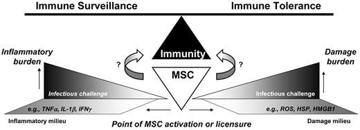 Figure 2. Signals mediating in vivo BMSC activation in the context of infectious challenge and their subsequent effects on MSC-mediated immunomodulation remain largely undefined. Infectious challenge is associated with induction in pathogen- and sterile-induced soluble factors that may influence BMSC activation and subsequent immunomodulation. As infectious burden increases, so too do associated inflammatory and damage burdens at the site of infection. By nature of their multipotency, BMSCs may possess plasticity in their immunomodulatory effects to respond to the changing microenvironment at the site of infectious challenge. Specifically, the inflammatory and damage milieu may instruct or “license” BMSC activation and function specific to the microenvironment in which BMSCs reside or to which they migrate as a consequence of infection. Further investigation is needed to define these signals within the in vivo microenvironment as well as their effects on MSC activation in addition to resultant immunomodulatory effects of MSCs on host immunity.