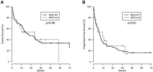Figure 1. Survival. (A) Overall survival and (B) progression-free survival of AITL patients with wild-type (n = 61) or mutant IDH2 (n = 16) from the Tenomic Consortium dataset. Wild-type IDH2 patients were not significantly different from IDH2 mutant patients for either parameter.
