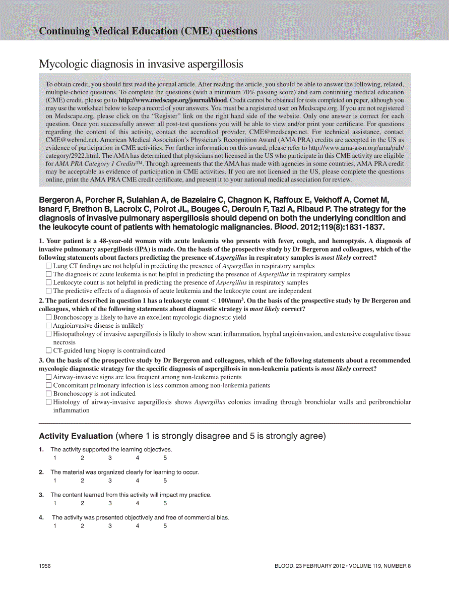 First page of Continuing Medical Education (CME) questions: mycologic diagnosis in invasive aspergillosis