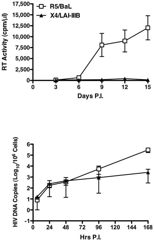 Figure 4. Discordant HIV DNA synthesis and R5 versus X4 virus replication in child CD4+ T-cell lines. Four independent CD4+ T-cell lines from pediatric donors were infected with R5 and X4DNase-treated viruses, and RT activity was detected in culture supernatant up to day 15 (top panel). The levels of HIV-1 gag DNA were measured between 6 and 168 hours after infection (bottom panel). Mean ± SEM of the 4 independent experiment are shown. Whereas only R5 virus replication was detected by RT activity, HIV DNA synthesis occurred with comparable efficiency after both R5 and X4 infection up to 48 hours after which R5 viruses showed a superior capacity to spread in culture.