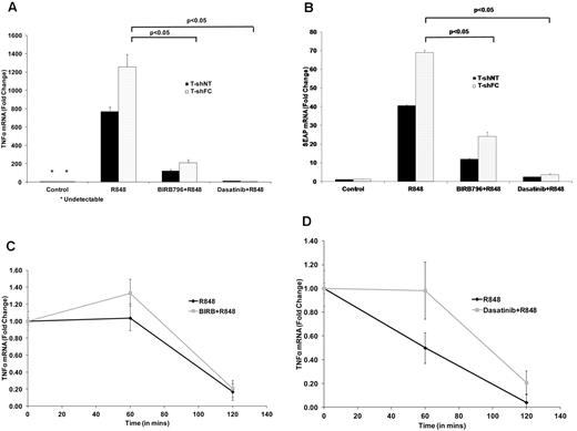 Figure 3. BIRB 796 and dasatinib suppress the production of TNFα and SEAP transcripts. T-shNT and T-shFC were maintained in medium alone (control), or medium treated with R848 (30μM) for 24 hours after 6 hours of pretreatment with either BIRB 796 (500nM) or dasatinib (500nM). Total RNA was prepared and TNFα (A) and SEAP (B) mRNAs quantified using real-time qRT-PCR. Data are expressed as the mean ± SD -fold change relative to transcripts in unexposed (control) cells and based on 3 technical replicates normalized to 18S rRNA. Dasatinib suppressed TNFα mRNA levels to a greater degree than did BIRB 796. (C-D) Neither BIRB 796 nor dasatinib enhanced TNFα mRNA degradation. T-shFC cells were either cultured in medium alone or treated with BIRB 796 (500nM; C) or dasatinib (500nM; D) for 6 hours, after which time all cells were stimulated with R848 (30μM) for 24 hours. After adding actinomycin D (5 μg/mL), total RNA was collected at 0, 60, and 120 minutes and TNFα mRNA was measured by real-time qRT-PCR. For each drug, 1 representative of 2 experiments with identical results is shown.